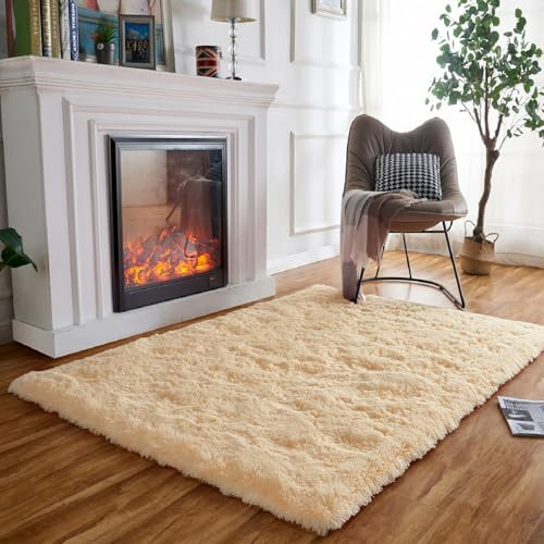 Obundi Teppich Flauschig Waschbar,Beige Teppiche Wohnzimmer,Weich Hochflor Bettvorleger Schlafzimmer,Groß Shaggy Teppiche Kinderzimmer,Rechteckiger Carpet (Beige,160x230cm)