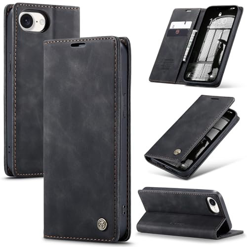 Cracedily Handyhülle für iPhone 16e / iPhone SE 4 / iPhone SE 2025 Hülle, Klapphülle Premium Lederhülle Klappbar Flip Case Tasche Magnet Kartenfach Standfunktion Klapphülle Schutzhülle, Schwarz