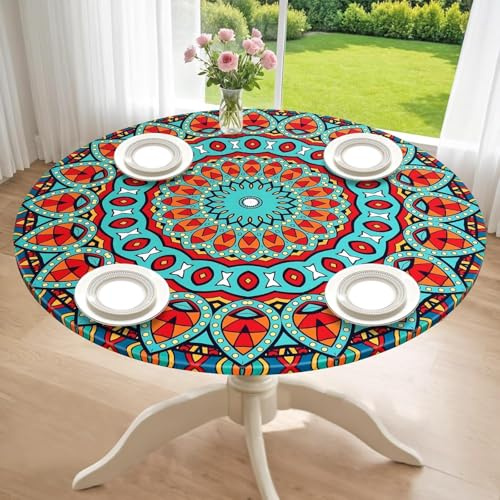 Dremisland Runde Tischdecke 150cm Boho Mandala Tischdecken für Draußen Wetterfest Tischtuch Vintage Geometrie Tischwäsche Abwaschbar Küche Tisch Dekoration Tischschutz für Gartentisch Party Küche