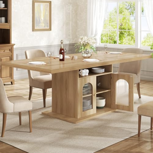 HSH Dining Desk for 4–6 Wood Farmhouse Kitchen Table with 3-Tier Storage Shelf and Acrylic Door Cabinet, Rectangular Modern Dining Room Dinner Table for Apartment Home Small Space, White