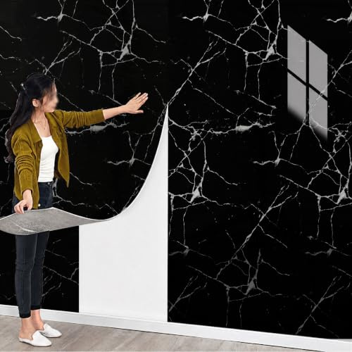 Pamatio Wandaufkleber Fliesenaufkleber - Schwarz Marmorstruktur 40 cm x 3 m - Selbstklebende Fliesen 2.3 mm dick - für Wandpaneele Küche Wanddeko Schlafzimmer Wohnzimmer Badezimmer