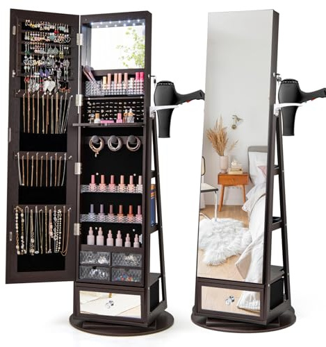 RELAX4LIFE Armoire à Bijoux Pivotante à 360ºavec Miroir Pleine Longueur, Miroir Bijoux sur Pied LED avec Support Sèche-Cheveux, Grand Tiroir, 3 Étagères pour Rangement Bijoux (Marron Foncé)