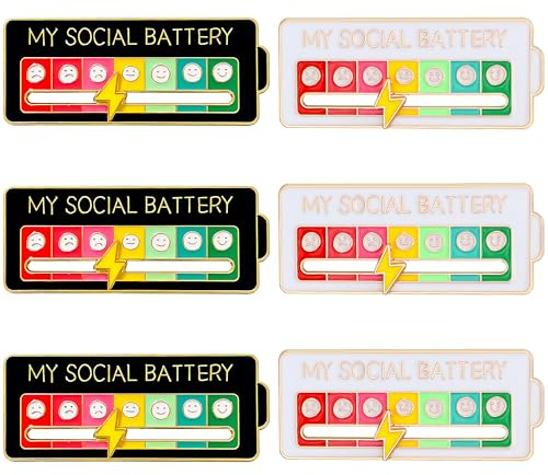 6 Stück Lustige Brosche Social Battery Pin Set, Trendy Anstecker Pin Design | My Social Battery Anzeige, Coole Soziale Batterie Anstecker-Slider mit 7 Emotionen. Ideal für den täglichen Gebrauch.
