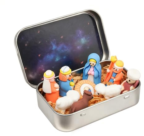 Henjunu Weihnachtskrippe mit Figuren, Weihnachten Krippenszene Set | Krippenset Born Scene, Geburt Belen Weihnachten, Figuren Krippe, Weihnachtsdeko Indoor, In Einer Metalldose