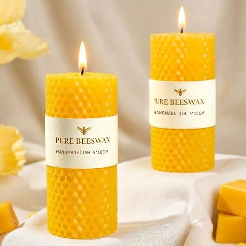 2Pcs Beeswax Pillar Candles, 10-15 Hour Burning, 4.5cm W x10cm H | Natural Paraffin-free Handmade Candles, Pure Organic Beeswax, Perfect for Relaxation, Ambiance, Home Decorations