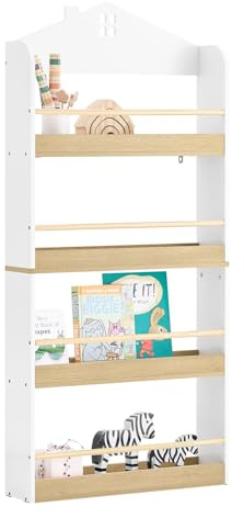 SoBuy Kinder Bücherregal 60x130.5x15 cm für Kinderzimmer | Montessori Regal mit 4 Ablagen & Sicherheitsbalken, für Spielzeug & Deko, weiß/natur KMB121-WN