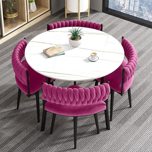 Modernes, rundes Esstisch-Set für 4 Personen, 80 cm, 5-teilig, minimalistischer Couchtisch und Stuhl-Set für Wohnzimmer, Küche, Büro, Empfang, stilvolle Holzfarbe (Rosa)