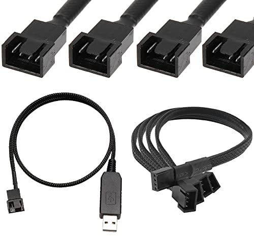 HAAMNING7 Full Speed 12V Step-Up USB Male to 4-Pin Male PC Fan Connector Cable, With 4-Pin Female PC Fan to 3x3Pin & 4Pin Connector Splitter Braided Sleeved Power Adapter Cable 12inch (55cm)