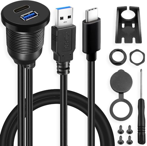 HAAMNING7 Câble de montage encastré de type C 3.0 et USB 3.0, ports USB-C et USB-A câble d'extension femelle à mâle pour montage sur panneau avec accessoire de montage encastré pour voiture