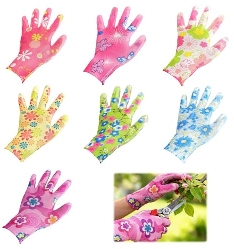 JYYWTSI 7 Paar Gartenhandschuhe Damen, Handschuhe für Garten, Arbeitshandschuhe mit Latex-Beschichtung & Blumenmuster, Gartenhandschuhe für Damen für Pflanz Gartenarbeit Garten Montage