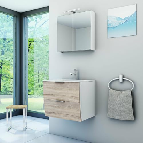 AcquaVapore by Sandra Jentho Badmöbel Set Gently 2 V1 Weiß/Eiche MDF Waschtisch 60cm mit 5W LED-Strahler