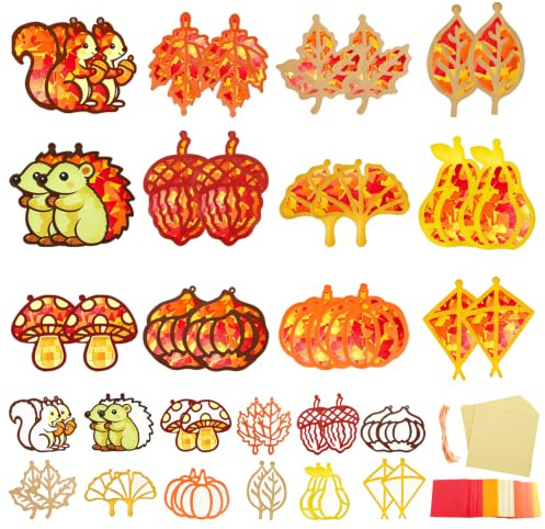 Fensterbilder Herbst Basteln Set, DIY 24 Stück Kreative Bastelset Herbst | Fensterdeko Herbst, Bastelset Fensterbilder mit 24 PET-Aufkleber, 500 Farben Konfetti, Herbst Bastelvorlagen für Fenster