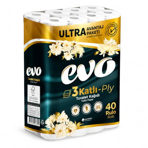 EVO Luxury 3 Ply Toilet Rolls, 40 Rolls, Soft & Highly Absorbent