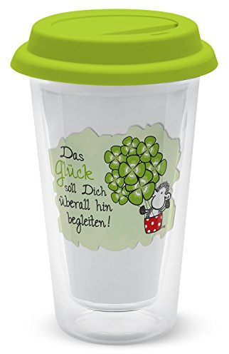 Die Geschenkewelt Sheepworld 44898 Glück soll Dich überall hin begleiten, doppelwandiges, 35 cl, grün Glas-Becher, 9 cm