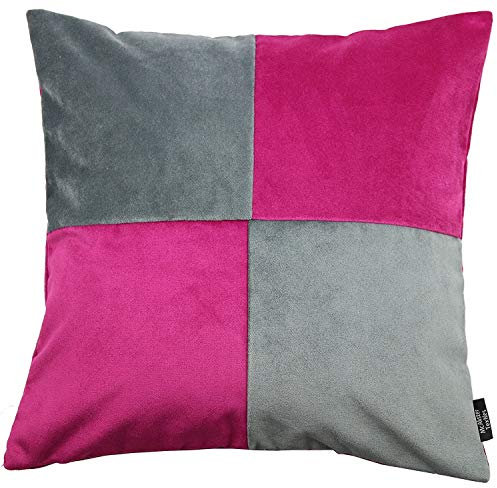 McAlister Textiles Matter Samt | Kissenbezug für Sofakissen viereckiges Patchwork in Fuchsia Pink & Grau | 50 x 50cm | griffester weicher Samt | Deko Kissenhülle für Couch, Sofa