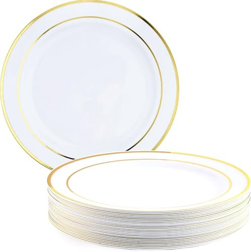 MATANA 25 Platos de Plástico Blanco Premium con Borde Dorado, 26cm - Elegantes, Resistentes y Reutilizables - Bodas, Cumpleaños, Bautizos, Navidad, Barbacoas, Fiestas