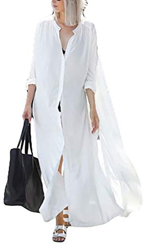 Bsubseach Women White Turn Down Collar Bikini Cover Ups Swimwear Beach Long Shirts Blouse Kimono Cardigan