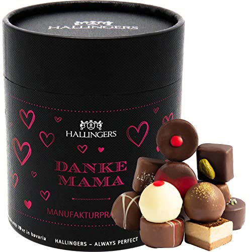 Hallingers Danke Mama XXL - Muttertagsgeschenk Pralinen Geschenk handmade ohne Alkohol aus Edelkakao zum Muttertag für Mama (Dose) - Geschenk im Sommer & als perfektes Grillgeschenk | Danke Jahrestag