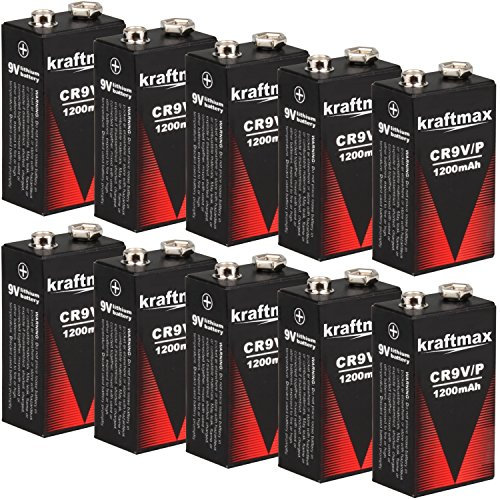 kraftmax 10x 9V Block Lithium High Performance Longlife Batteries for Smoke Detector/Fire Alarm - 10 Year Battery Life