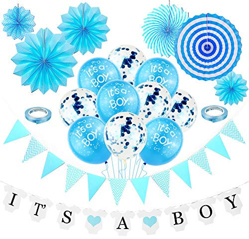 DOJoykey Baby Shower Party Decoration, IT’S A BOY Banner and Latex Balloons, Blue Bunting, 6pcs Paper Fans, 5pcs Balloons with Inner Confetti for Baby Boy Party