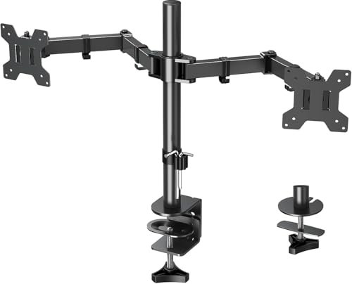 ELIVED Dual Monitor Mount for 13-32 Inches, VESA 75/100, Tilts 90°, Swivels 180°, Height Adjustable up to 421 mm, 8 kg x 2 Load Capacity, Each Arm Extendible up to 381 mm