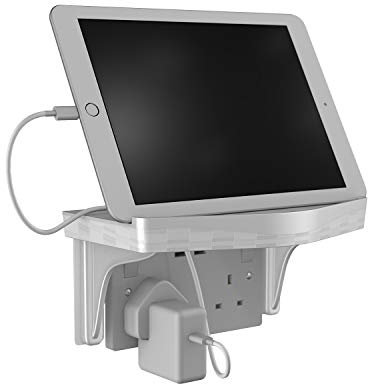 D-Line Cable Organiser Shelf, iPad Stand, Tablet Holder, Echo Dot Wall Mount - Integrated Cable Management Section - White