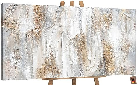 YS-Art Abstrakt Design Acryl Gemälde auf Leinwand Philosophie handgemalt Wandbilder Wohnzimmer modern Wohndekor Bilder Büro Gold Grau echtes Kunstwerk 140x70 cm