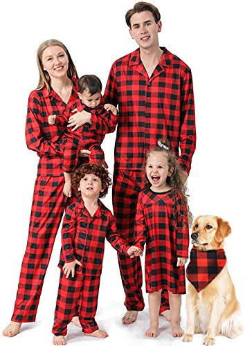 Plaid Ensemble de Pyjama Noël Famille Coton Pyjama de Noël à Manches Longues Vêtement de Nuit pour Fête Costume de Nuit pour Femme Homme Enfant Bébé Joyeux Christmas