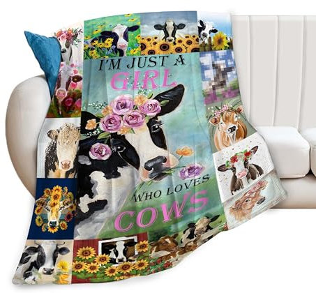 Kuh-bedruckte Decke mit Aufschrift I'M Just A Girl Who Loves Cow, lustige Decke für Bett, Couch, Stuhl, Wohnzimmer, 127 x 101 cm