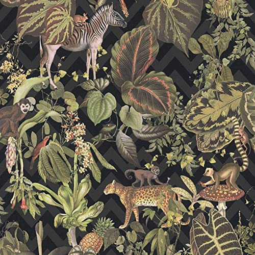 Dschungel Tapete in Dunkelgrün | Tropische Vliestapete mit Zick Zack Muster Affe und Zebra in Olivgrün | Wohnzimmer Wandtapete im Urban Jungle Stil | 10,05 x 0,53 m