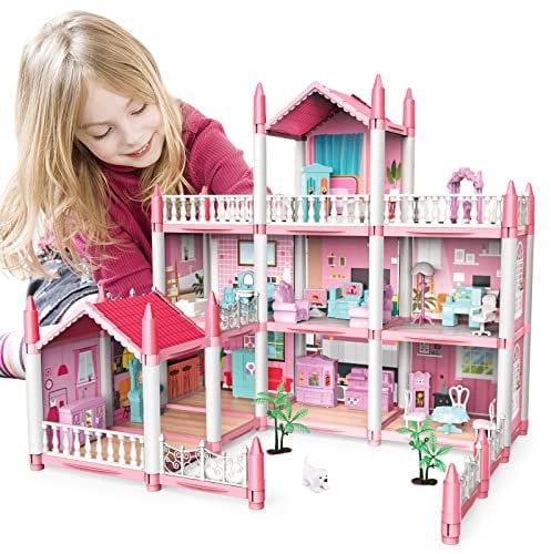 deAO Casa delle Bambole - 3 Piani 9 Camere Rosa Fai da Te Giochi di Educazione Set da Gioco, Asseccories e Mobili per la Casa delle Bambole, Regalo per 6 7 8 9 Ragazze Bambino