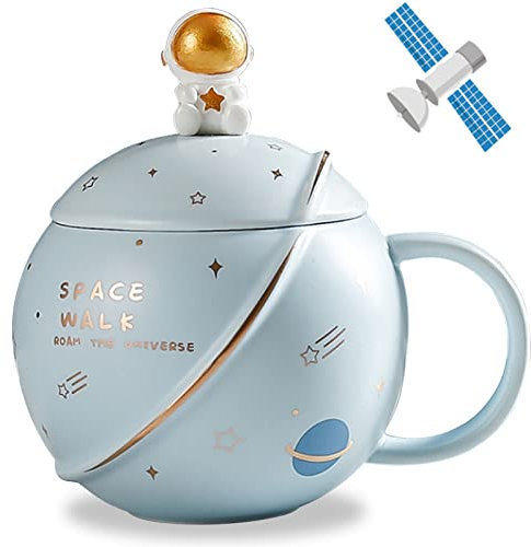 ZONSUSE Tazza da Astronauta Kawaii, Tazza da Pianeta, Tazza da Caffè in Ceramica Carina, Tazza Novità con Coperchio e Cucchiaio per Tè/Latte, Regalo di Compleanno Divertente per Ragazza Ragazzo Donna