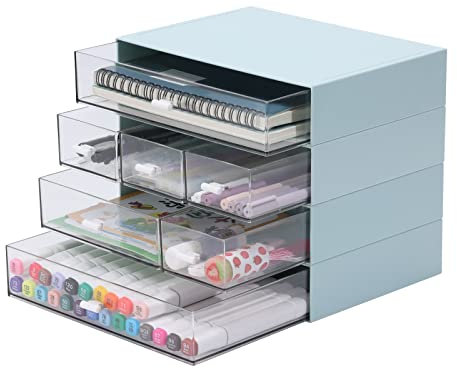 OSteed Desktop Organiser with 7 Drawers, Stackable Storage Box on Desk, Small Plastic Storage Unit with Drawers for Home Collection, Makeup, Office Supplies (4 Flat Layers, Blue)