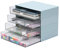 OSteed Desktop Organiser with 7 Drawers, Stackable Storage Box on Desk, Small Plastic Storage Unit with Drawers for Home Collection, Makeup, Office Supplies (4 Flat Layers, Blue)