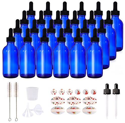 HWASHIN 24 Pack 4oz Cobalt Blue Glass Bottles with Glass Dropper for Essential Oils, Perfumes and Lab Chemicals (2 Brushes, 2 Funnels, 2 Extra Droppers, 36 Labels and Measuring Cup Included)