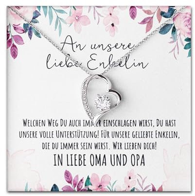 An unsere liebe Enkelin Doppelherz Halskette mit personalisierter Karte und LED Box Kette mit Zirkonia für die Enkeltochter zum Geburtstag Weihnachten (LED Box - Herz)