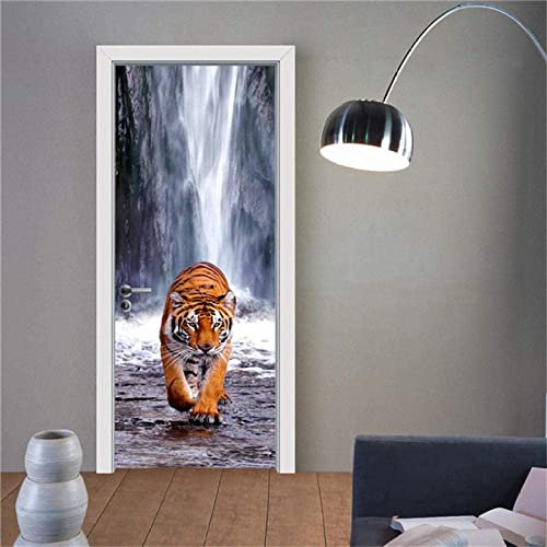 3D Türtapete Selbstklebend 77X200 Cm Tier Tiger Diy Wandbild Pvc Wasserdicht Pvc Türtattoos Türposter Türaufkleber Fototapete Türfolie Für Tür,Wohnzimmer,Schlafzimmer,Küche Toilette