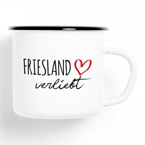 Huuraa Emaille Tasse Friesland verliebt Geschenk 300ml Vintage Emaille Becher Friesland Geschenkidee