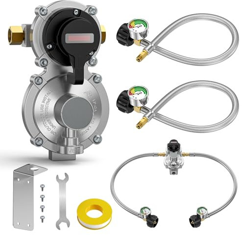 Alloxity 2-stufiger Auto-Umsteller, Wohnmobil-Propanregler, 2 Tank, 45,7 cm, LP-Pigtail-Propanschlauch mit Manometer, QCC1 Dual-Propan-Tankschlauch mit Reglerdruck, 3/8 Zoll NPT-Innengewinde außen,