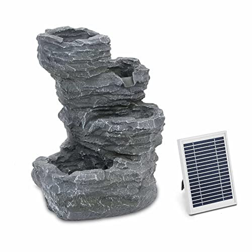 hillvert HT-SF-122 Solar Gartenbrunnen Steinkaskade 4 Ebenen LED-Beleuchtung Lithium-Akku 5 m Kabel Polyresin Wasserspiel Solar Solarbrunnen Garten