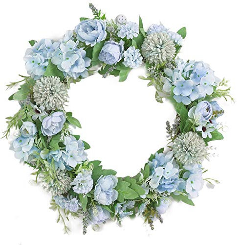 TITA-DONG Spring Wreath Silk Peony Wreath with Green Leaves, Artificial Hydrangea and Peony Flower Wreath for Front Door, Welcome Front Door Wreath for Wedding Wall Home Decor(Blue)