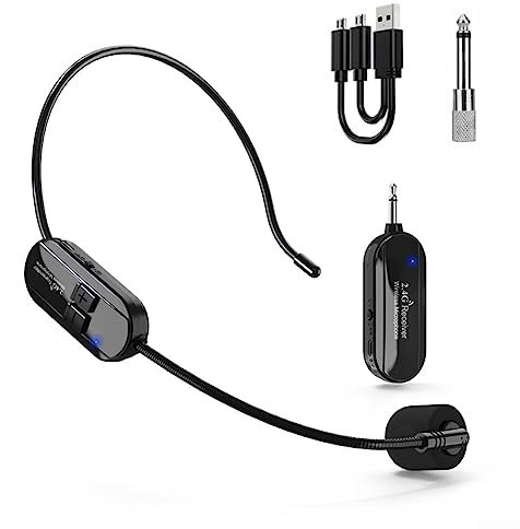 Cuffie con microfono wireless 2.4G, microfono ad archetto con trasmissione wireless con trasmettitore ricaricabile, per altoparlante, insegnamento e altro
