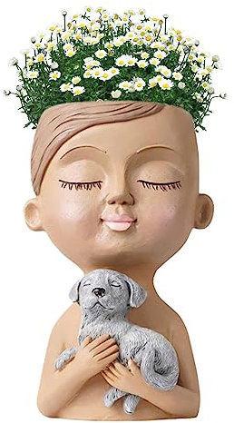 Fukamou Blumentopf Mit Gesicht | Niedlich Mädchen Und Hund Pflanzgefäß | Harz Damen Gesicht Kopf Pflanztopf Mit Drainage Loch | Blumentopf Pflanzgefäß Für Wohnzimmer Tisch.