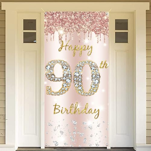 90th Birthday Decorations for Women, Happy 90 Years Old Fabric Sign Poster Door Banner Rosegold Backdrop, 90th Birthday Party Supplies Photo Background Welcome Sign, 180 cm x 90 cm