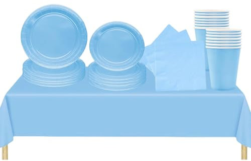 69 piezas Azul Claro Platos Desechable Juego de Vajilla Desechable Decoración Cumpleaños Fiesta,Platos Servilletas Copa de Papel y Mantel,para Bodas,Picnics,Baby Shower,Biodegradable,Compostables