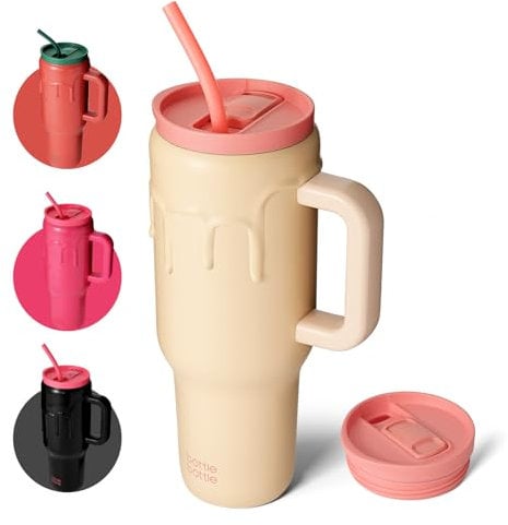 BOTTLE BOTTLE Gobelet de 1200 ml avec poignée et paille - Tasse de voyage sous vide en acier inoxydable avec paille - Bouteille d'eau sous vide en acier inoxydable pour cadeaux, fêtes, bureau, café