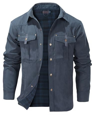 Mr.Stream Herren Karierte Flanellfutter Jacke Übergangsjacke Leicht Stehkragen Feldjacke Cargo Herbstjacke Snap Western Cowboy Jacken 3268 Blue L