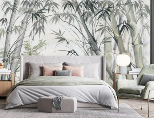 3D Papier Peint Panoramique Nature Soie Tropicale, 410 X 280 cm Encre Vert Plantes Bambou Peint à la Main Grandes Murales Poster pour Salon, Adulte Chambre d'enfants, Étude Décoration