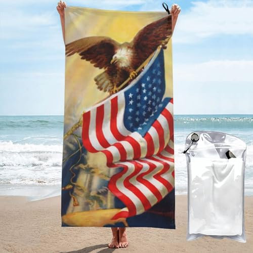 OPSREY Amerikanische USA-Flagge Adler Kunst gedruckt Mikrofaser Badetuch Schnell Trocknendes Strandtuch Saugfähig Gym Handtuch mit Tragetasche