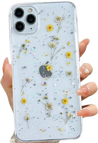LSEEKA for iPhone 11 Pro Max Clear Case with Pressed Real Flowers Design,Glitter Cute Yellow Floral Pattern Slim Soft TPU Protective Women Girl's Phone Cover for iPhone 11 Pro Max